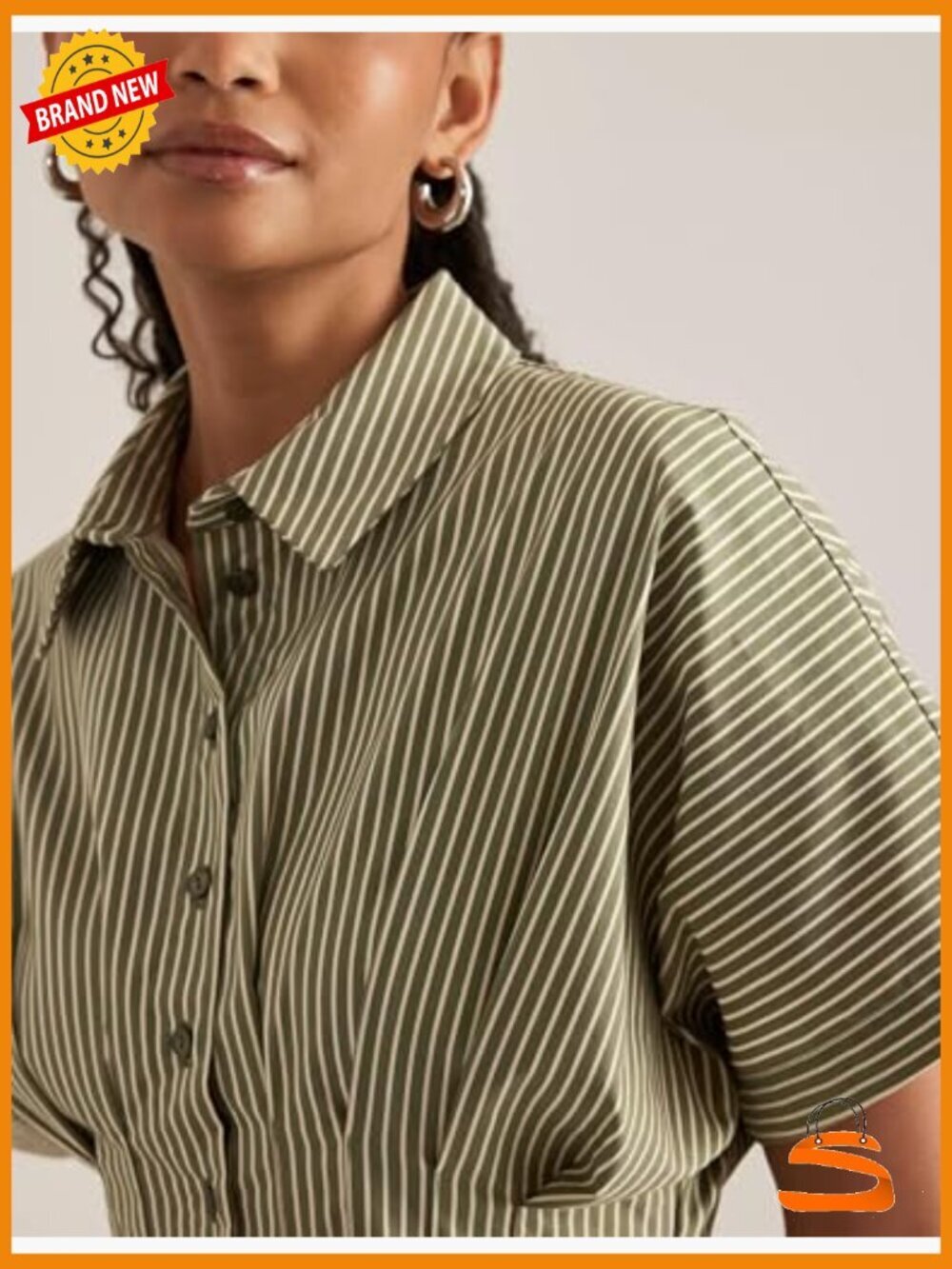 Striped Button Front Pleated Maxi Shirt Dress Short Sleeve V Neck Corset - Picture 5 of 6